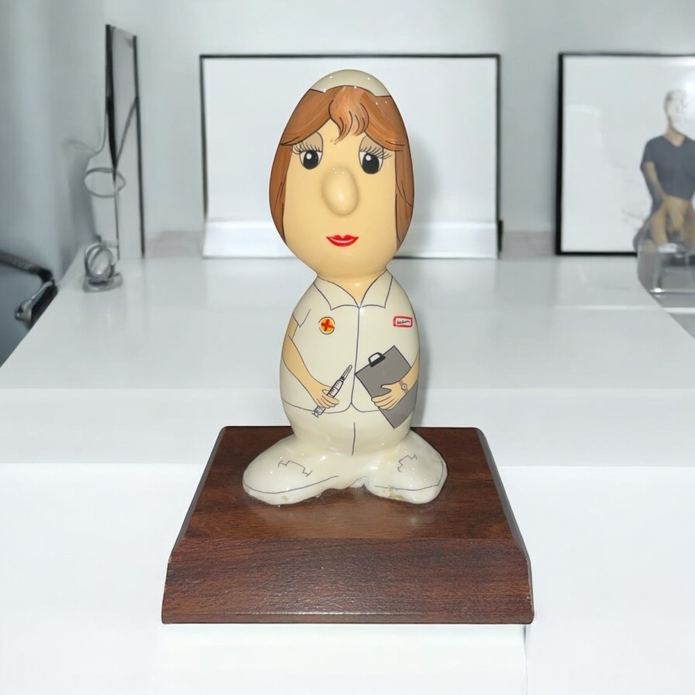 Vintage Ceramic/Resin Nurse Figurine with Wood Base 5.7" tall, Signed & Dated
